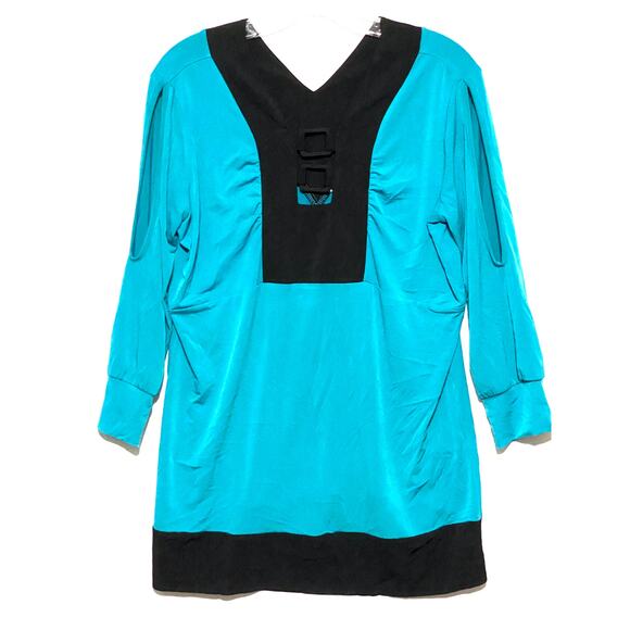 Geneology Fashion DNA Blue Black Blouse Tunic Cold Shoulder Neck Buckle Womens M - Picture 1 of 8